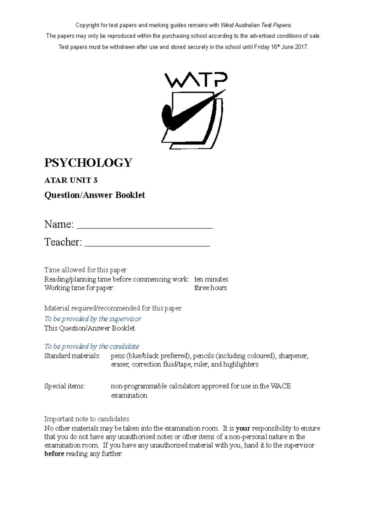 2017 psych unit 3 exam wace Copyright for test papers and marking