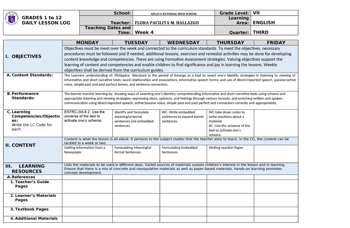 DLL 3rd Qrtr week 4 - module - GRADES 1 to 12 DAILY LESSON LOG School ...