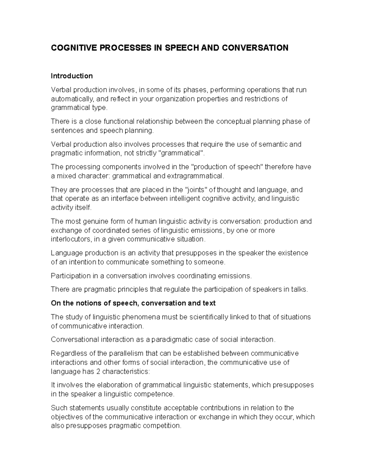 Cognitive Processes IN Speech AND Conversation - COGNITIVE PROCESSES IN ...