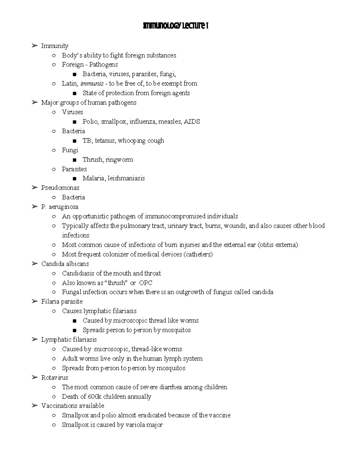 Immunology Class Notes - Immunology Lecture 1 Immunity Body’s ability ...