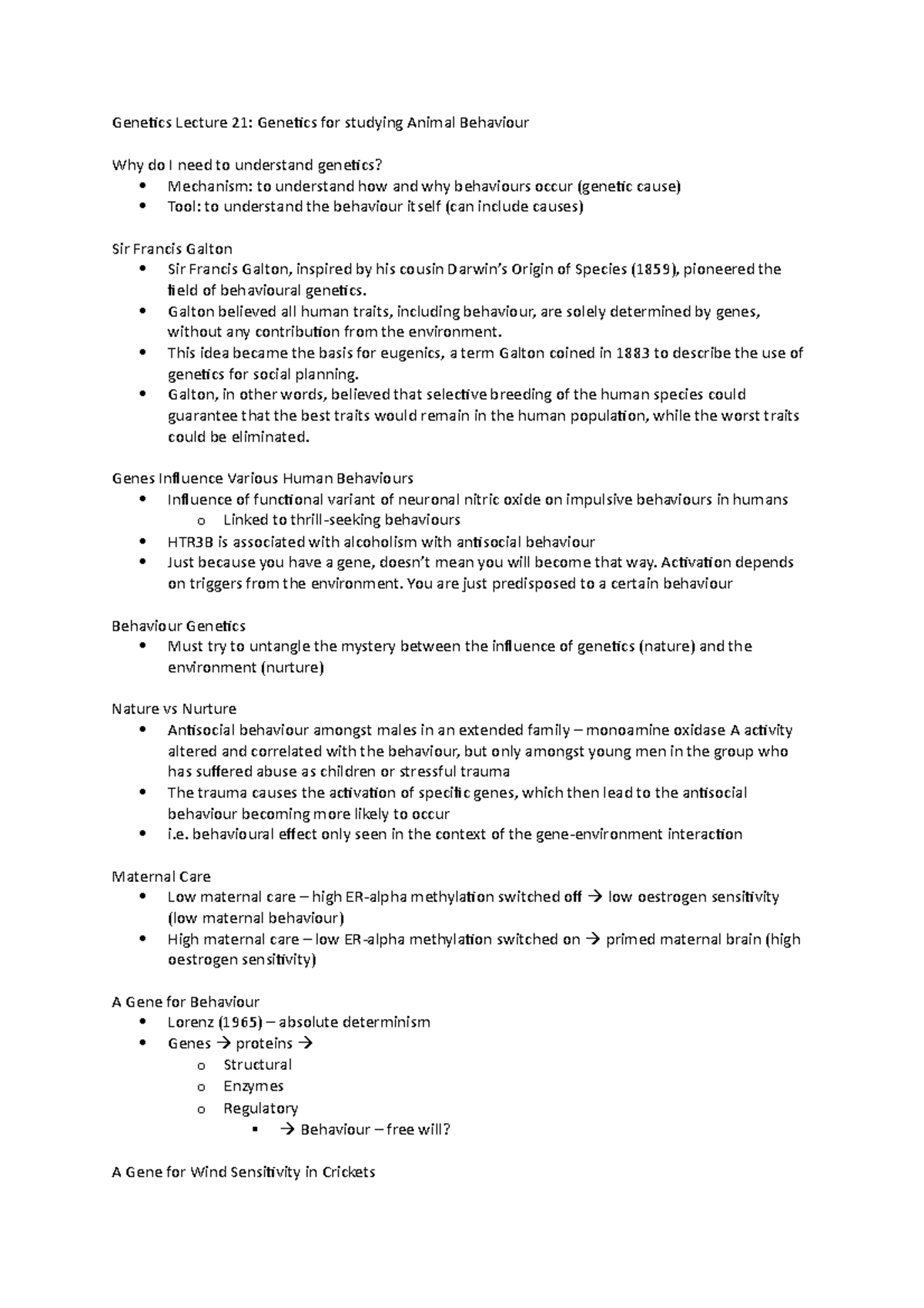 Lecture 21 Notes - Animal Behaviour Genetics - Genetics Lecture 21 ...