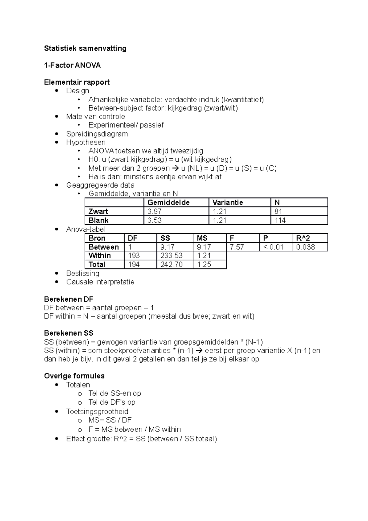 Samenvatting Statistiek 2A - Statistiek Samenvatting ANOVA Elementair ...