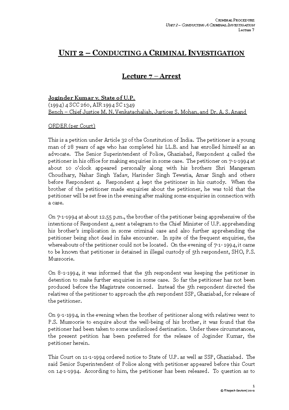 Lecture 7 - Arrest - Notes - UNIT 2 – CONDUCTING A CRIMINAL ...