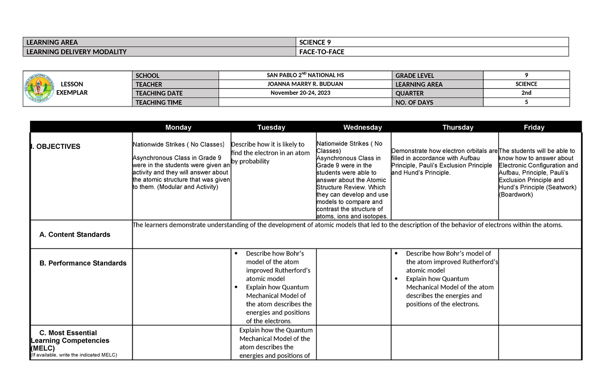 Week 3 - none - LEARNING AREA SCIENCE 9 LEARNING DELIVERY MODALITY FACE ...