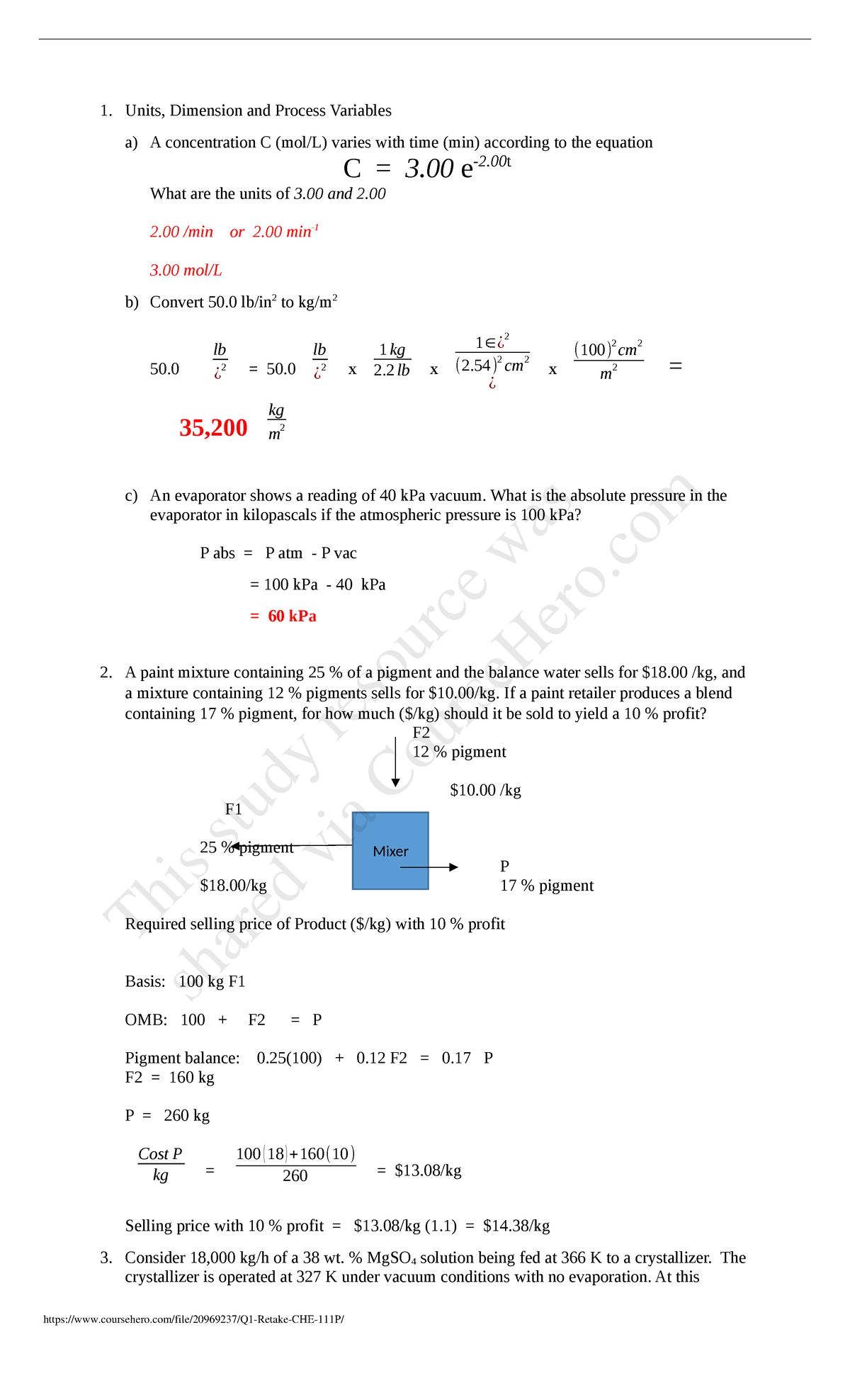 Docx - efwf - Units, Dimension and Process Variables a) A concentration ...