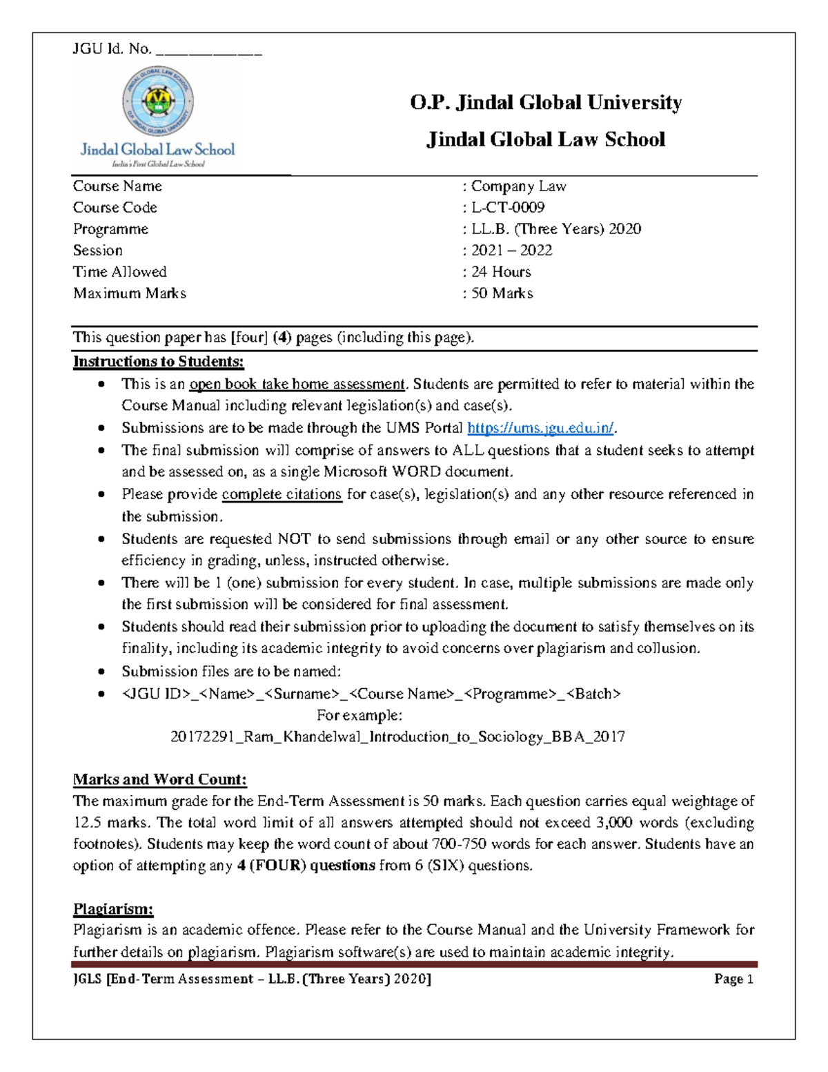 Company Law - nalnldxnnadmnml - JGU Id. No. _____________ Course Name ...