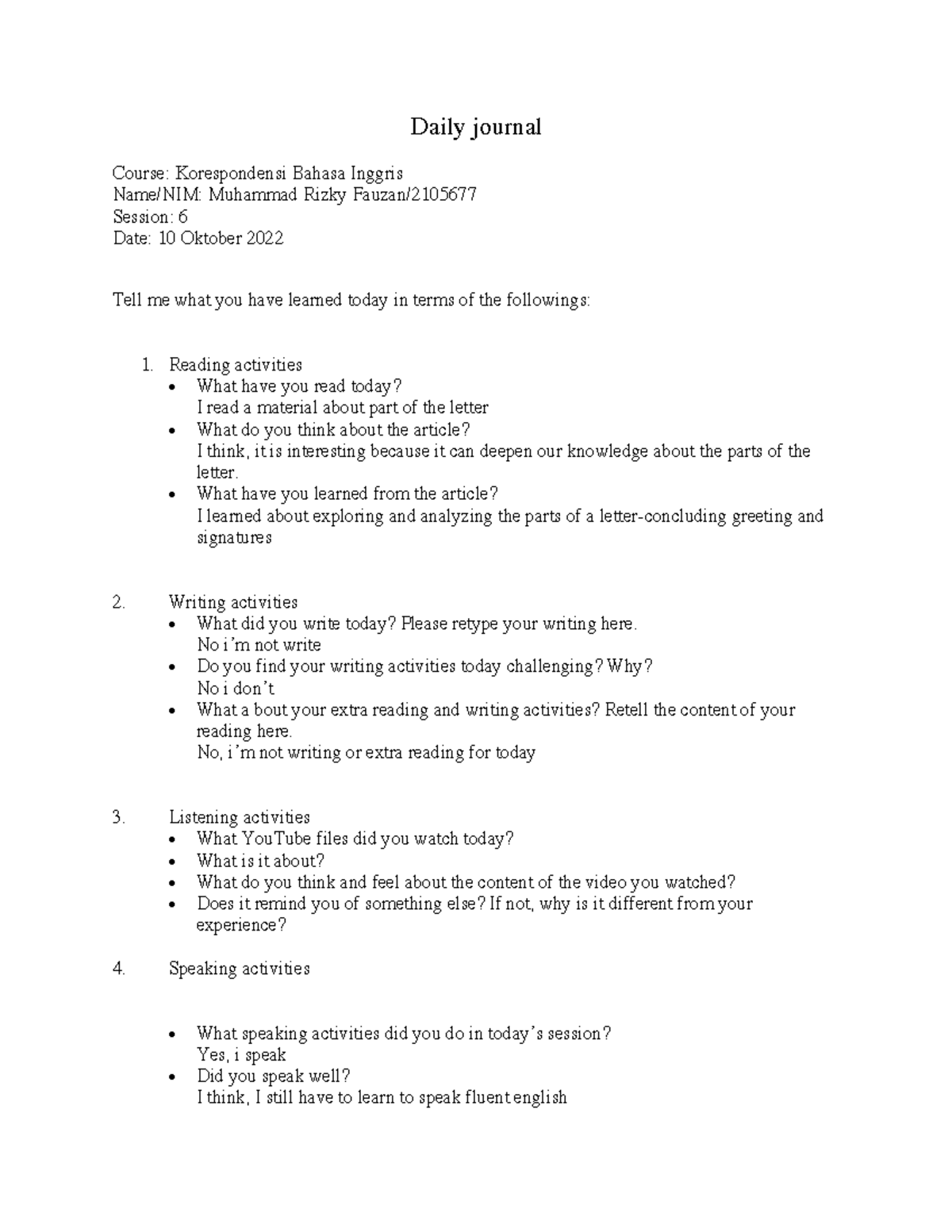 Daily journal at English Course to reflect student's understanding ...