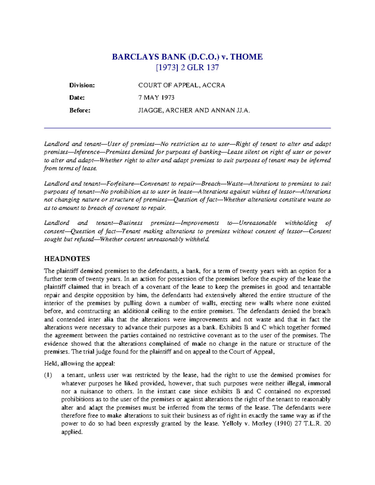 Barclays BANK (D.C.O.) v. Thome Land Economy KNUST Studocu