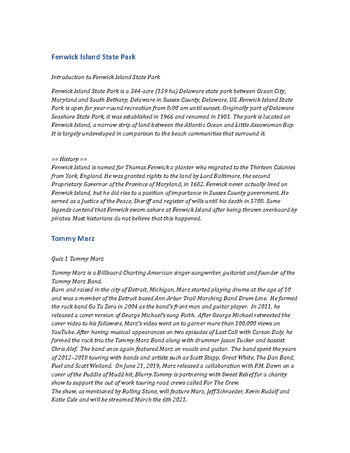 HIST123 Notes Fenwick Island State Park Fenwick Island State Park