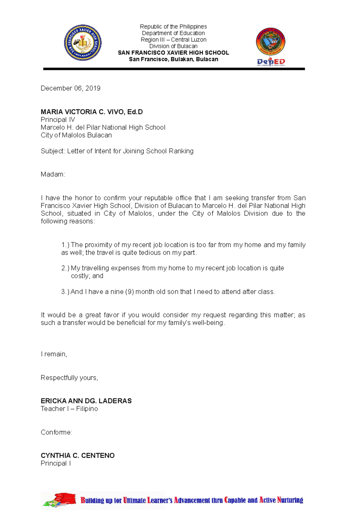 Intent Latter for Ranking - Republic of the Philippines Department of ...