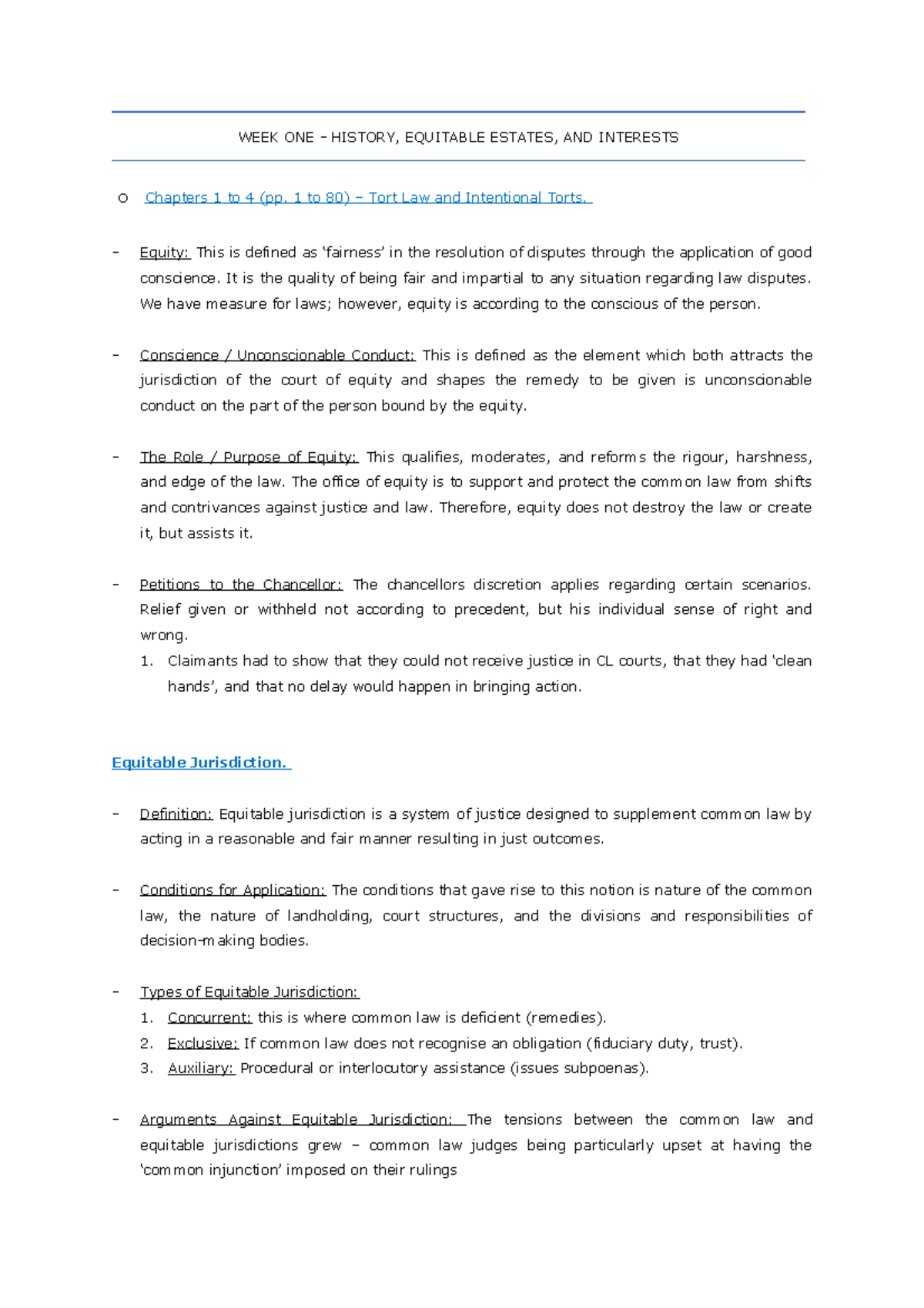 Equity and Trust Lecture Notes - Week One - WEEK ONE - HISTORY ...