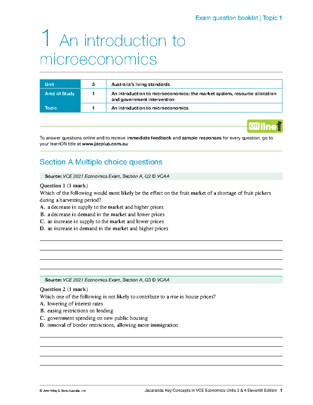 AOS 1 exam questions booklet 1 An introduction to microeconomics Unit