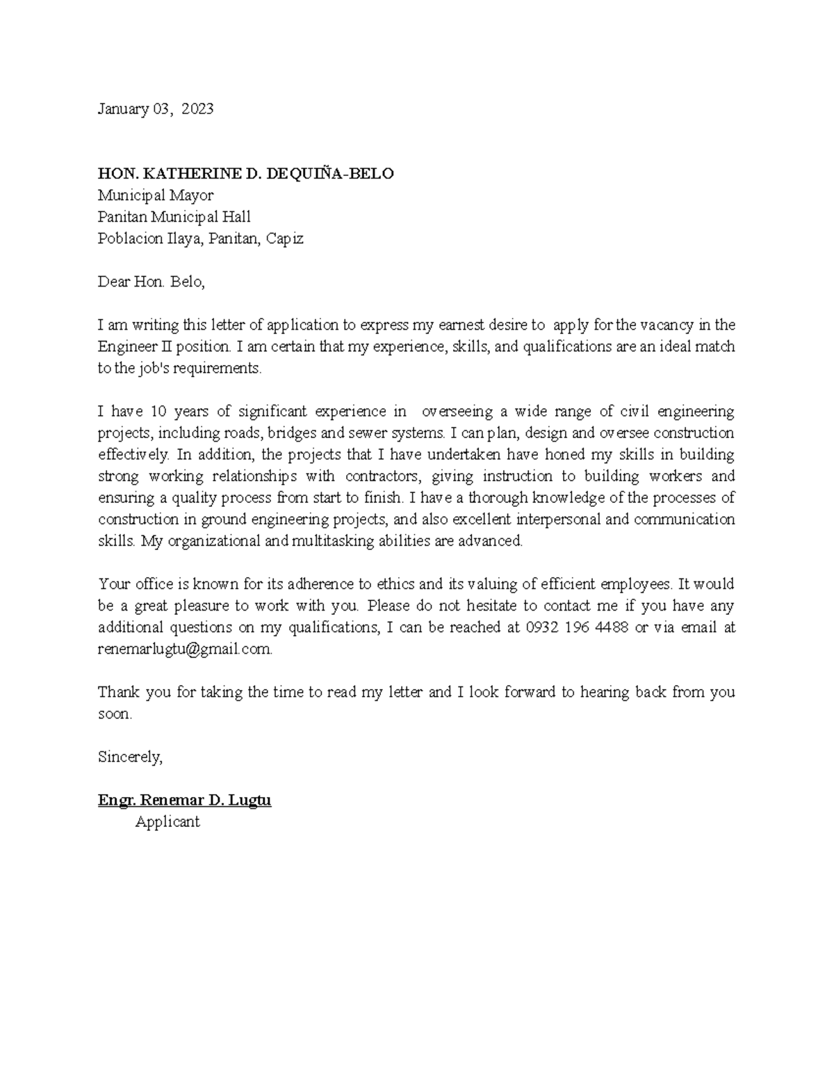 Application Letter Sample - January 03, 2023 HON. KATHERINE D. DEQUIÑA ...