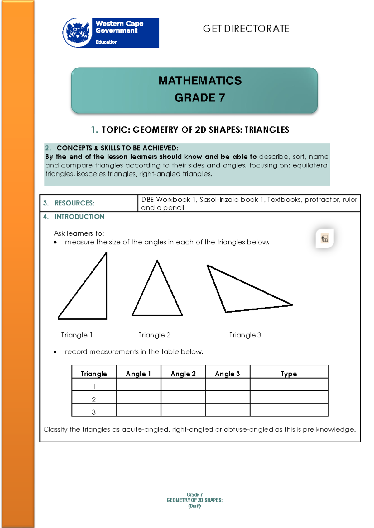 Lesson Plan Grade 7 Mathematics Term 2 Week 2a - GET DIRECTORATE Grade ...