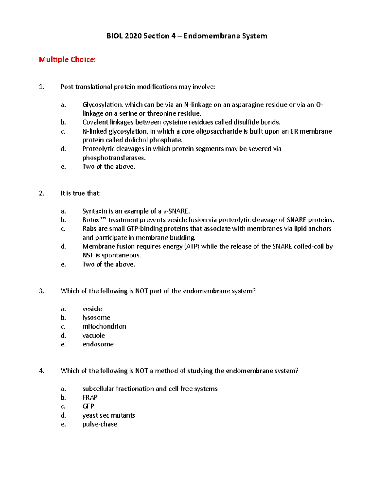 Review 2017, questions BIOL 2020 Section 4 Endomembrane System