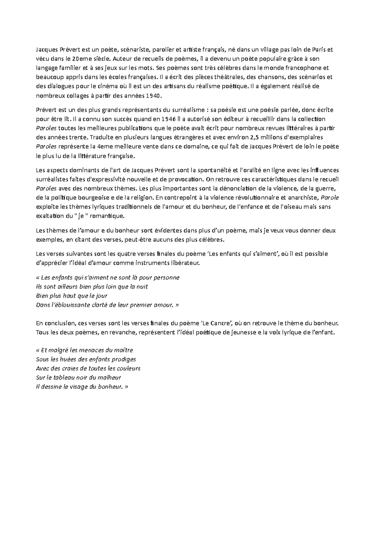 Prevert Some Notes On Prevert French 101 University Of Studocu