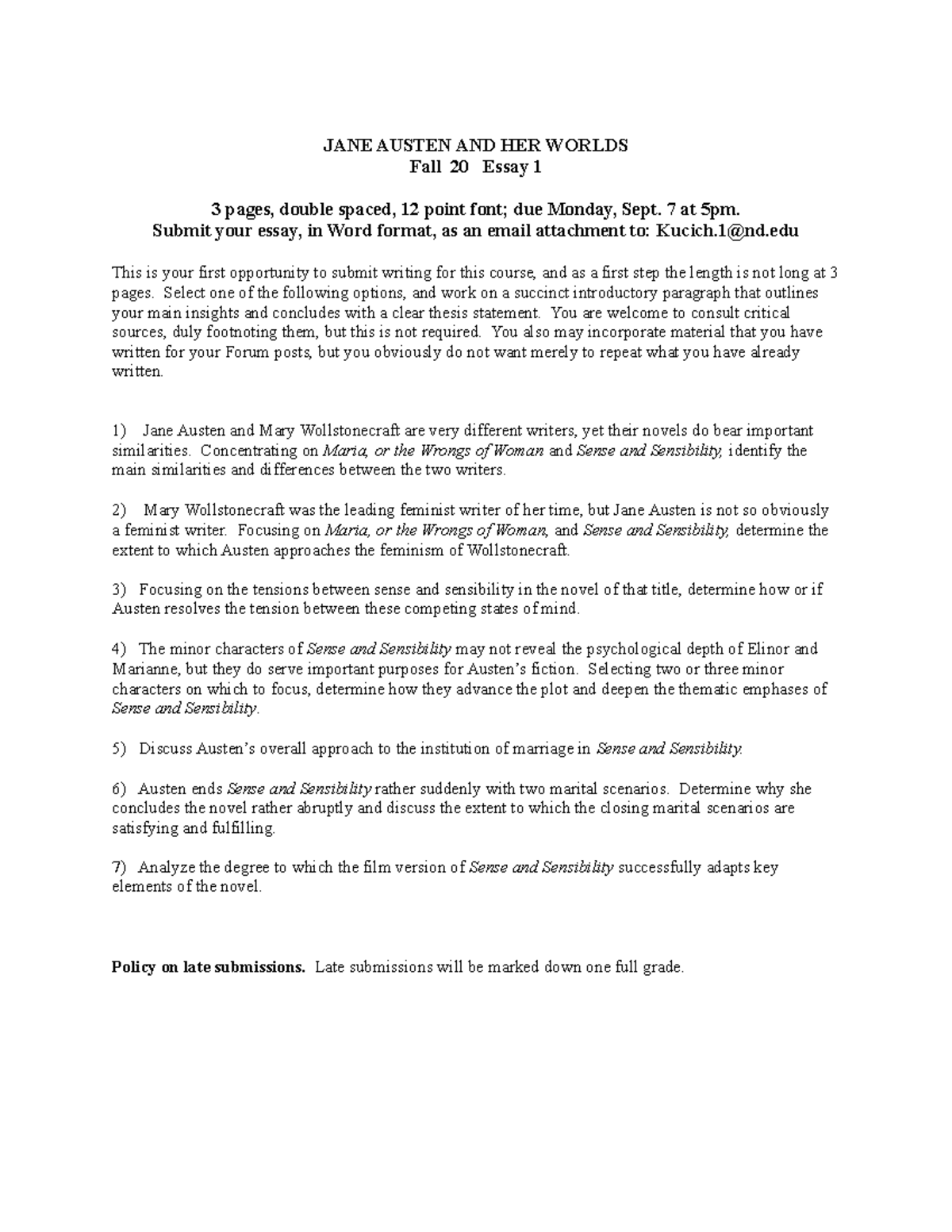 Essay Assignment 1 - JANE AUSTEN AND HER WORLDS Fall 20 Essay 1 3 pages ...