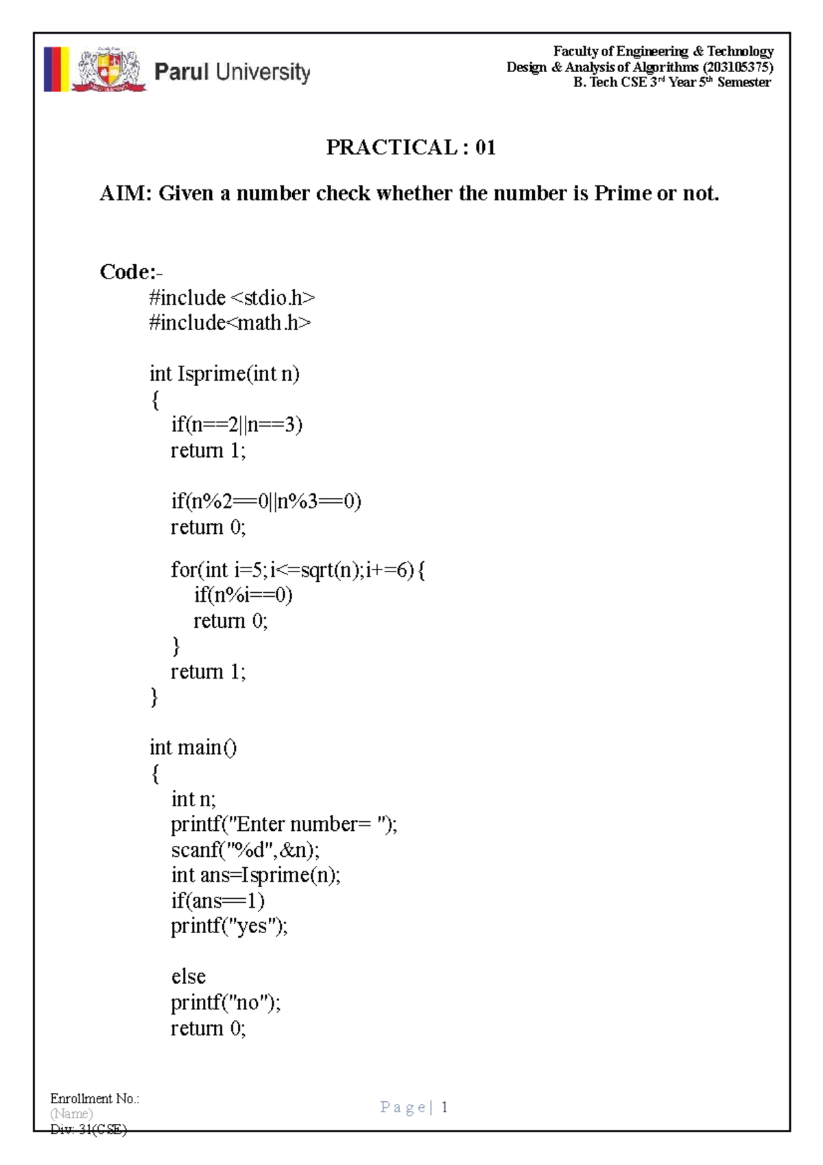 DAA LAB Manual ANS ans of practical PRACTICAL 01 AIM Given a