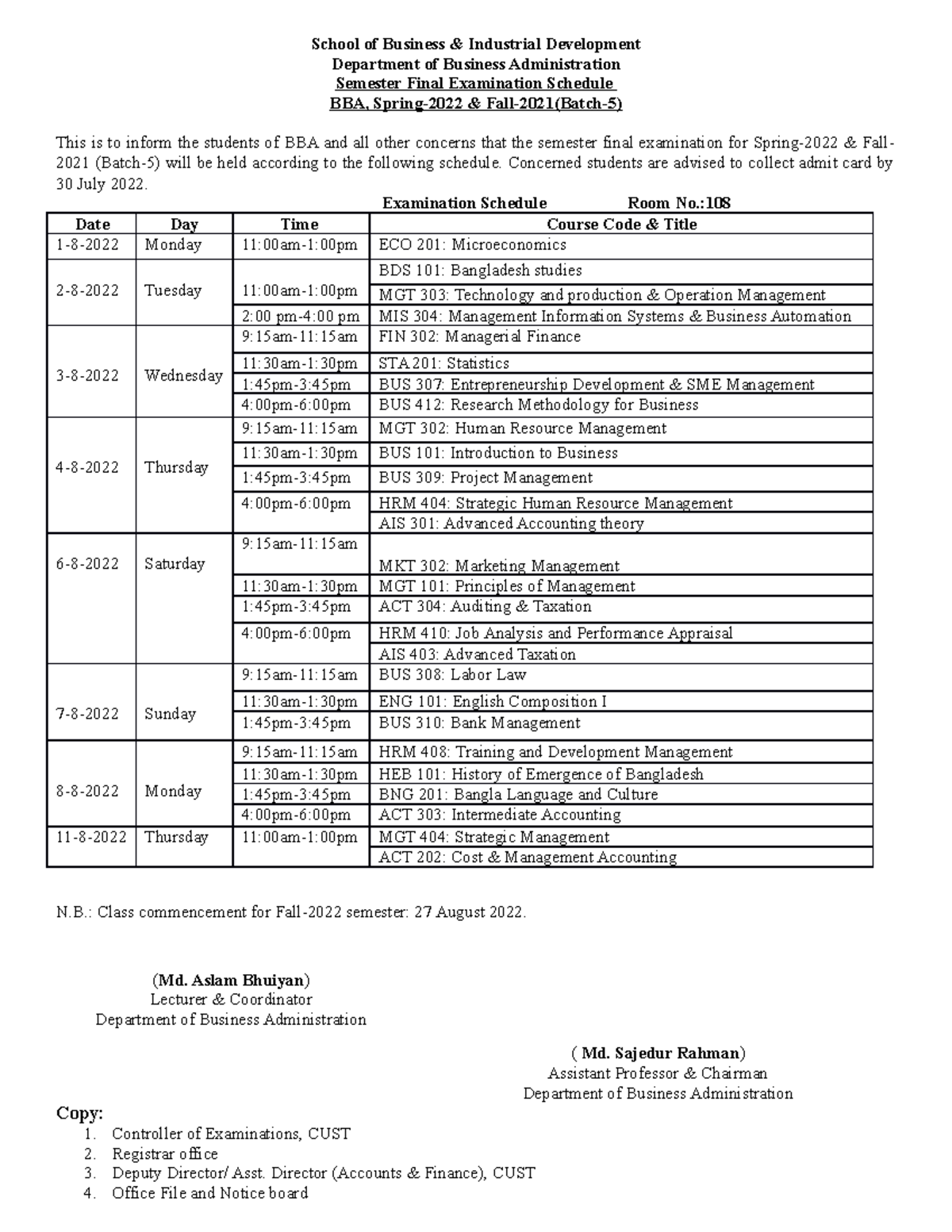 Exam Schedule BBA Spring 22 SF - School Of Business & Industrial ...