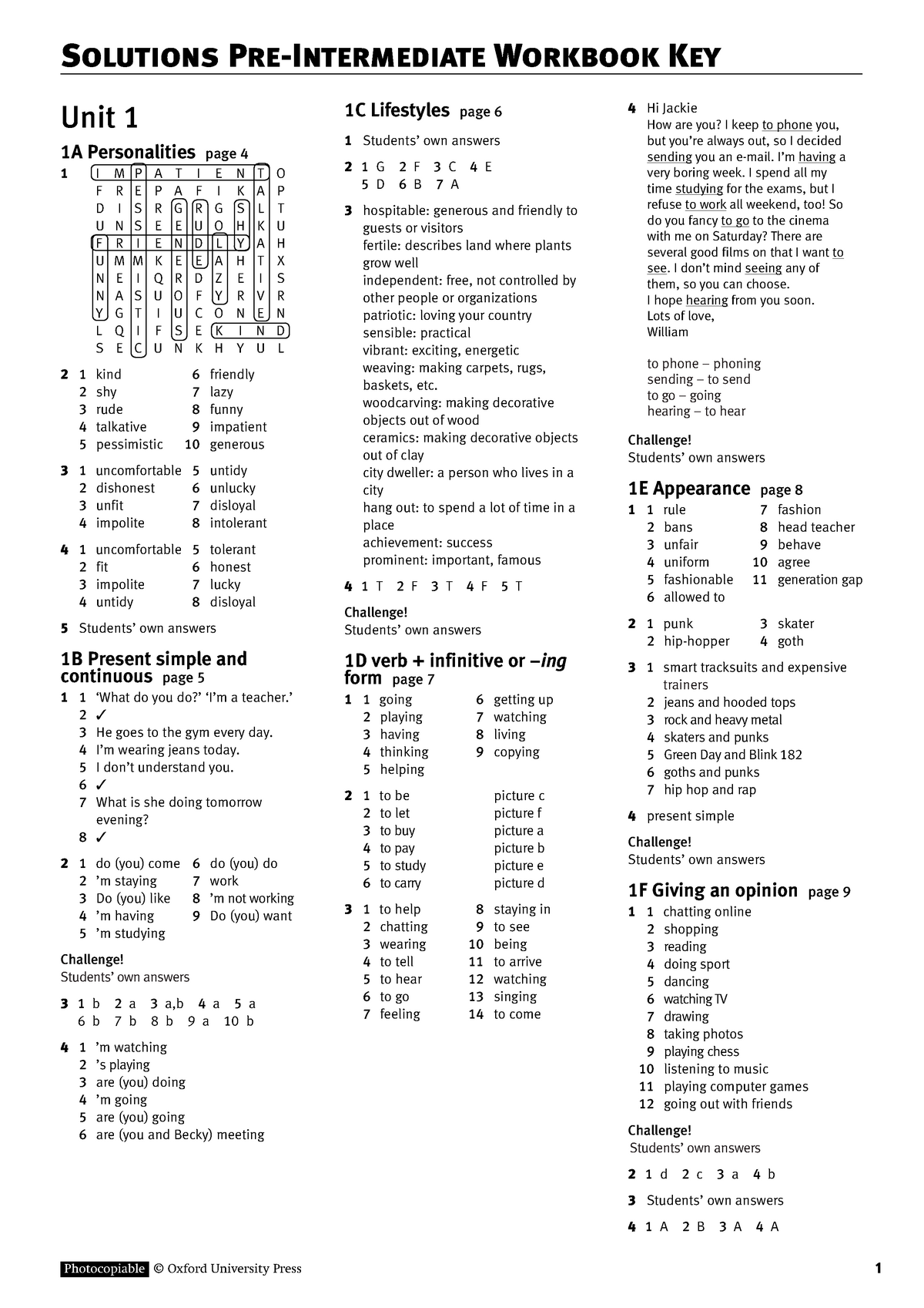 Solutions Pre intermediate Workbook Key Nha Unit 1 1A Personalities 