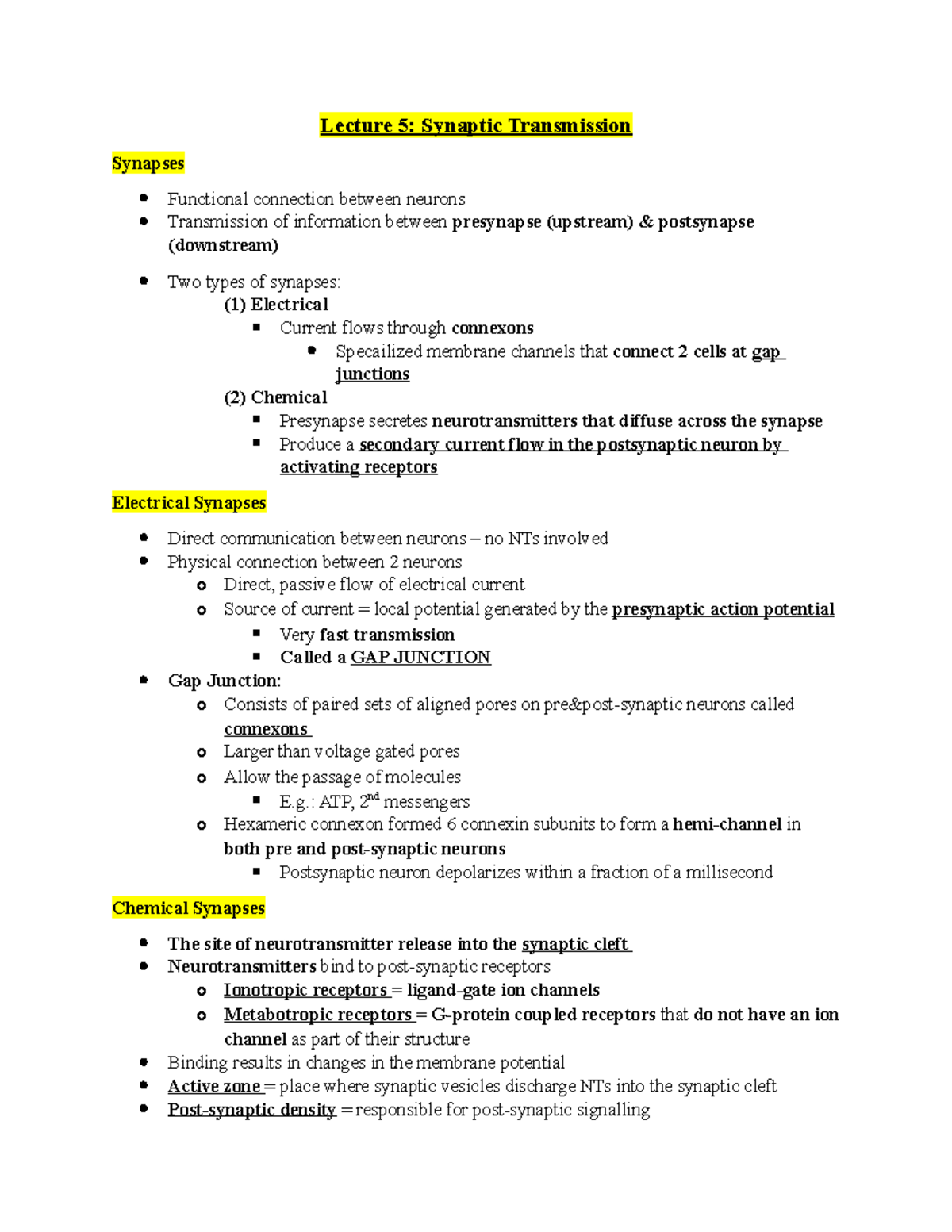 Lecture 05 Notes - Synaptic Transmission - nsci200 - Concordia - Studocu
