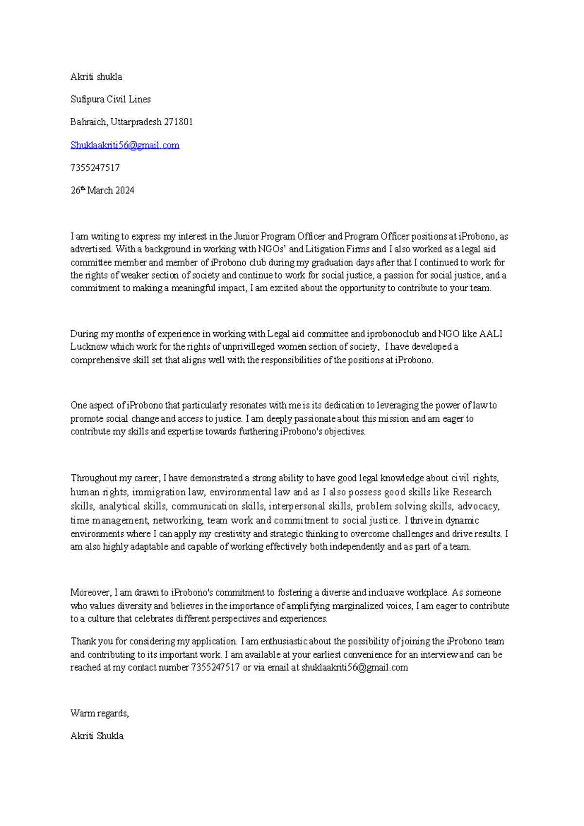 Cover letter i probono - Akriti shukla Sufipura Civil Lines Bahraich ...