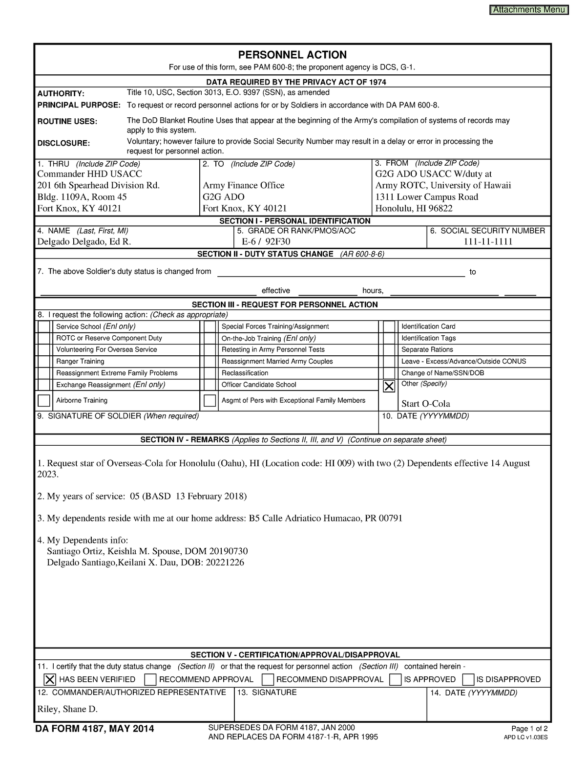 4187 sample req for Ocola - PERSONNEL ACTION To request or record ...