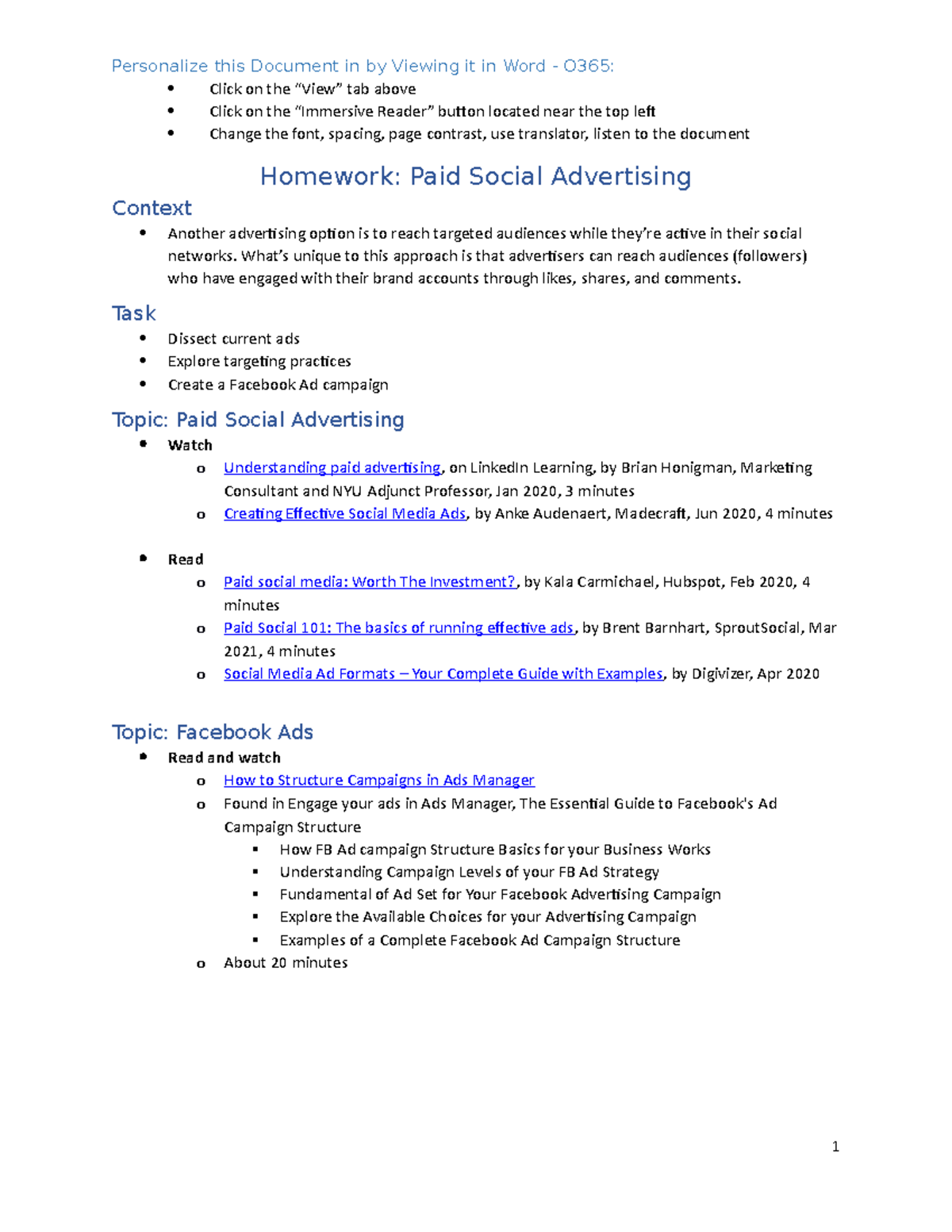 Homework - Paid Social Advertising - Click on the “View” tab above ...