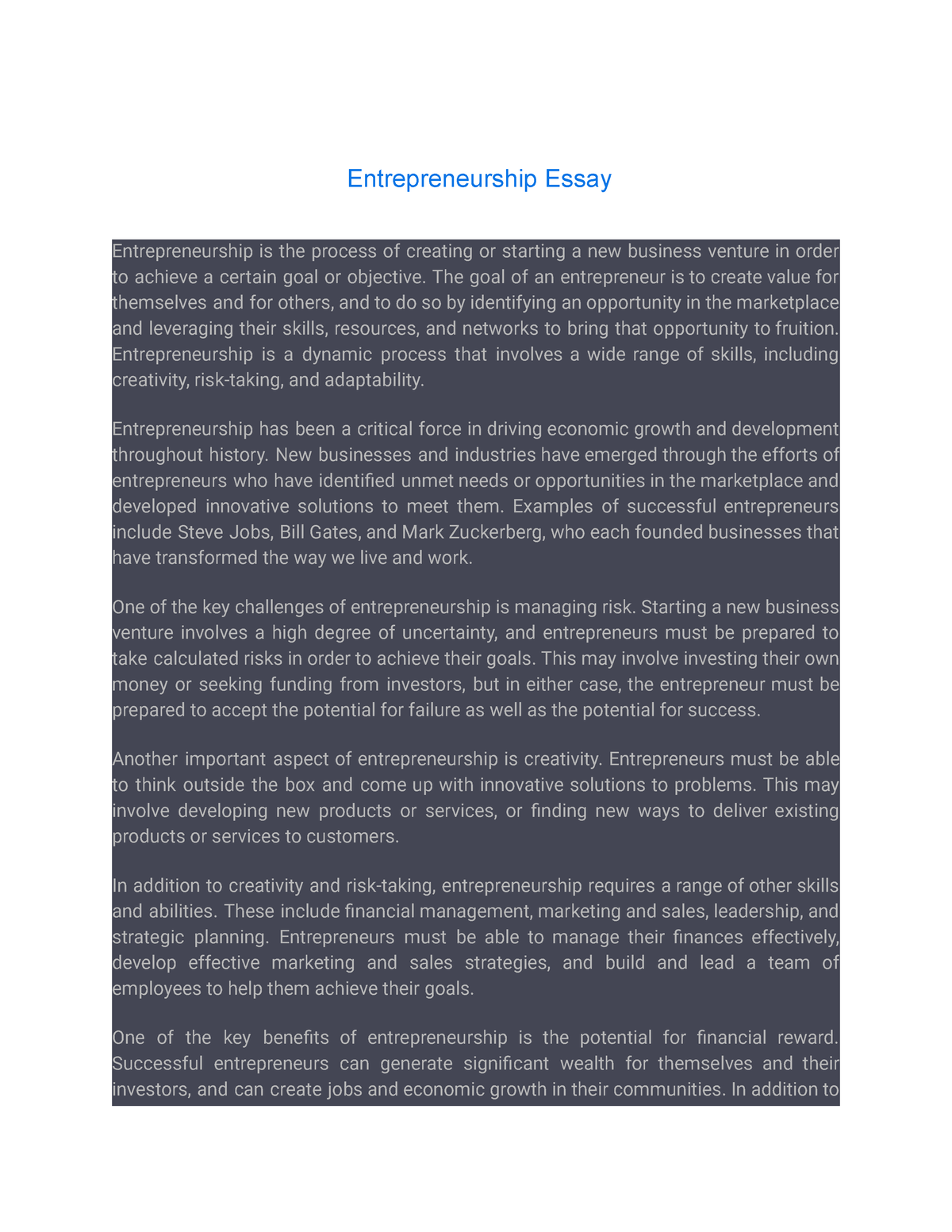 college essay on entrepreneurship