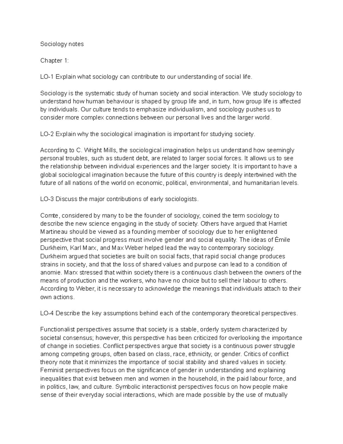 Sociology notes - Sociology notes Chapter 1: LO-1 Explain what ...