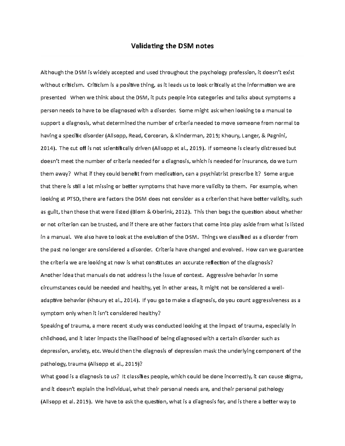 Validating the DSM notes AH PSY 645 week 3 Validating the DSM notes