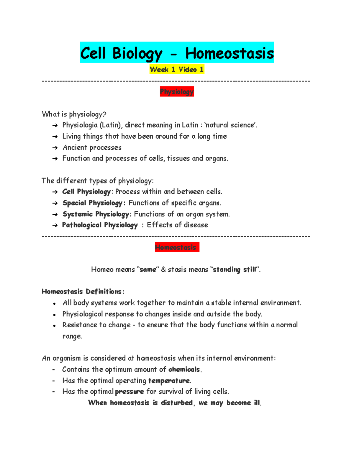 Physiology Notes (Study Docu) - Cell Biology - Homeostasis Week 1 Video ...