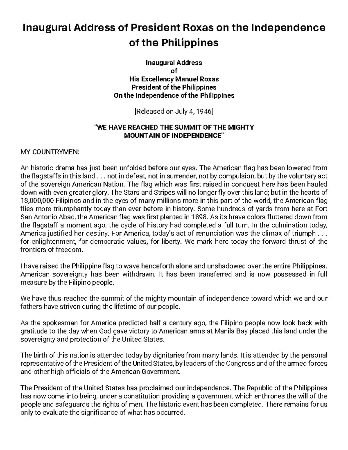 Inaugural Address of President Roxas on the Independence of the ...