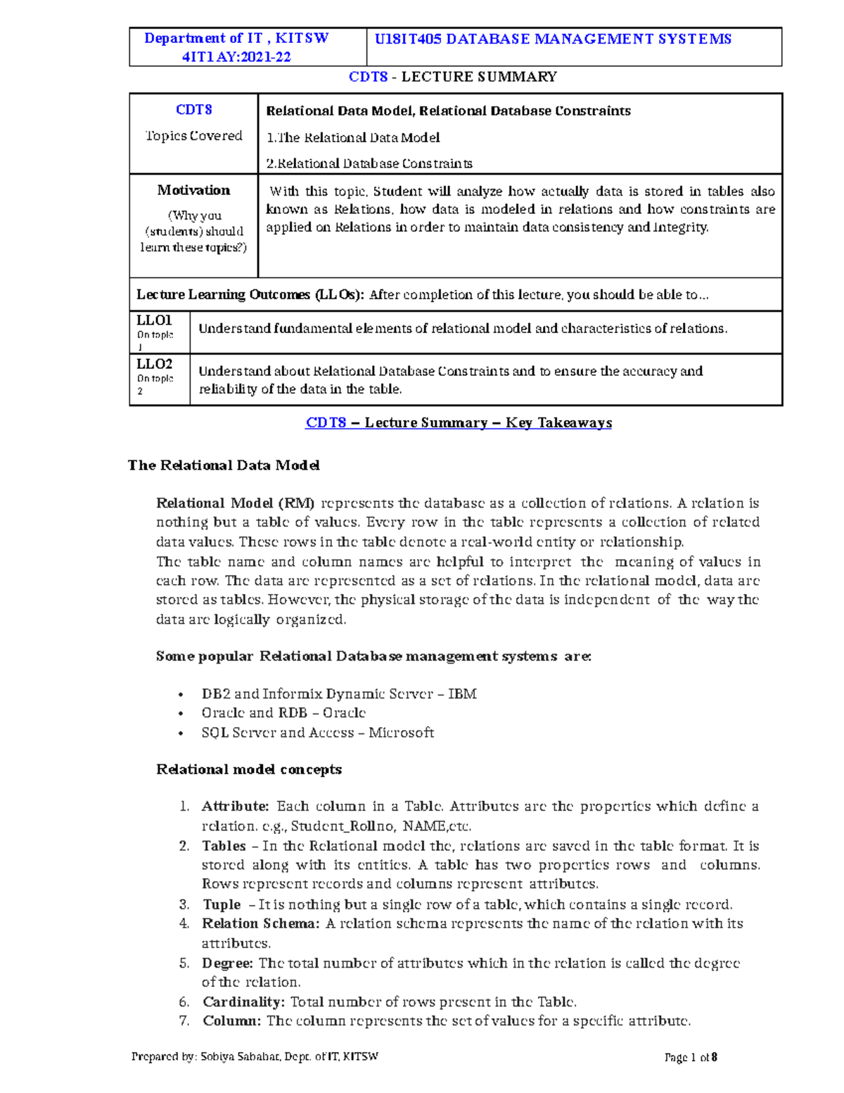 CDT8 - Relational Data Model, Relational Database Constraints 1.The ...