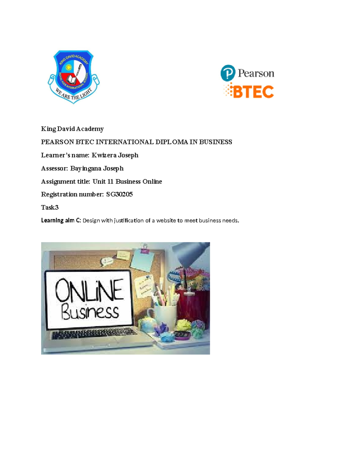 Business Online TASK 3 joseph right - King David Academy PEARSON BTEC ...