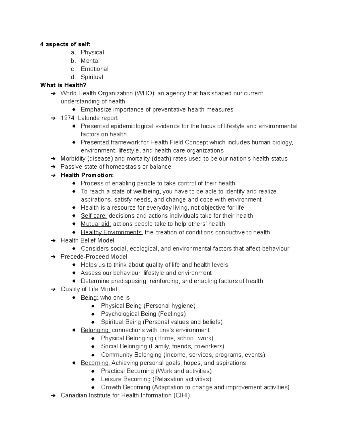 Unit 1 Health and Wellness 4 aspects of self a. Physical b. Mental c