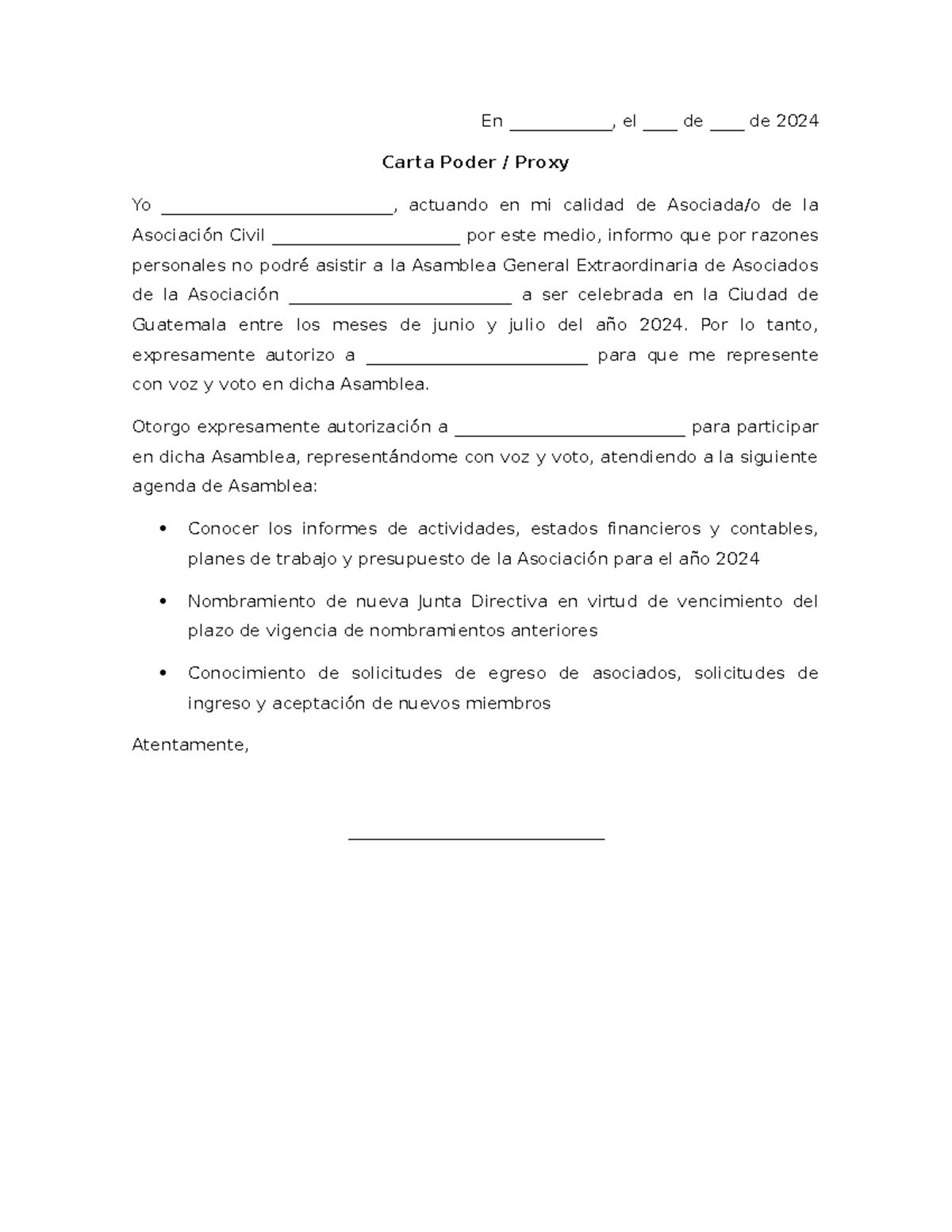 Carta poder - En ____________, el ____ de ____ de 2024 Carta Poder ...