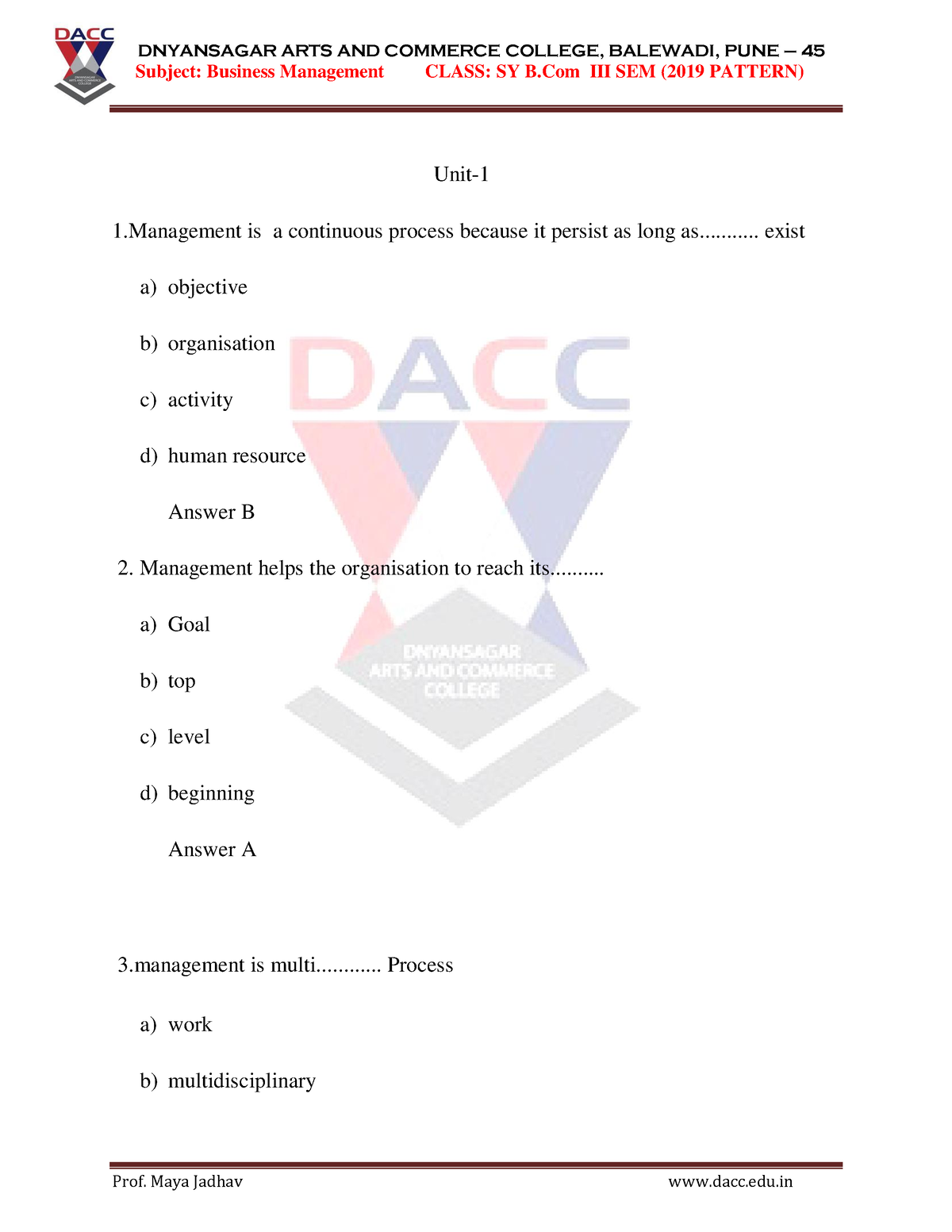 MCQ SY 234 C Business Management - Subject: Business Management CLASS ...