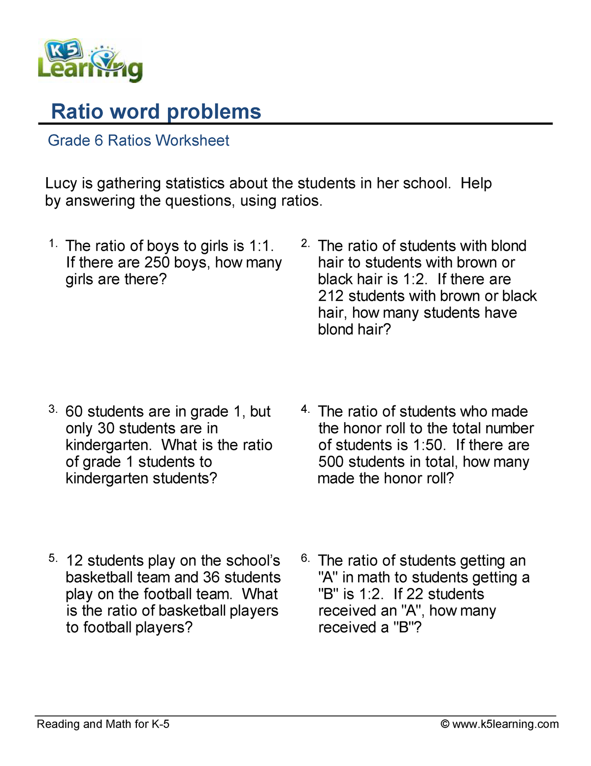 Grade 6 Ratio Word Problems B Reading And Math For K 5 K5learning 