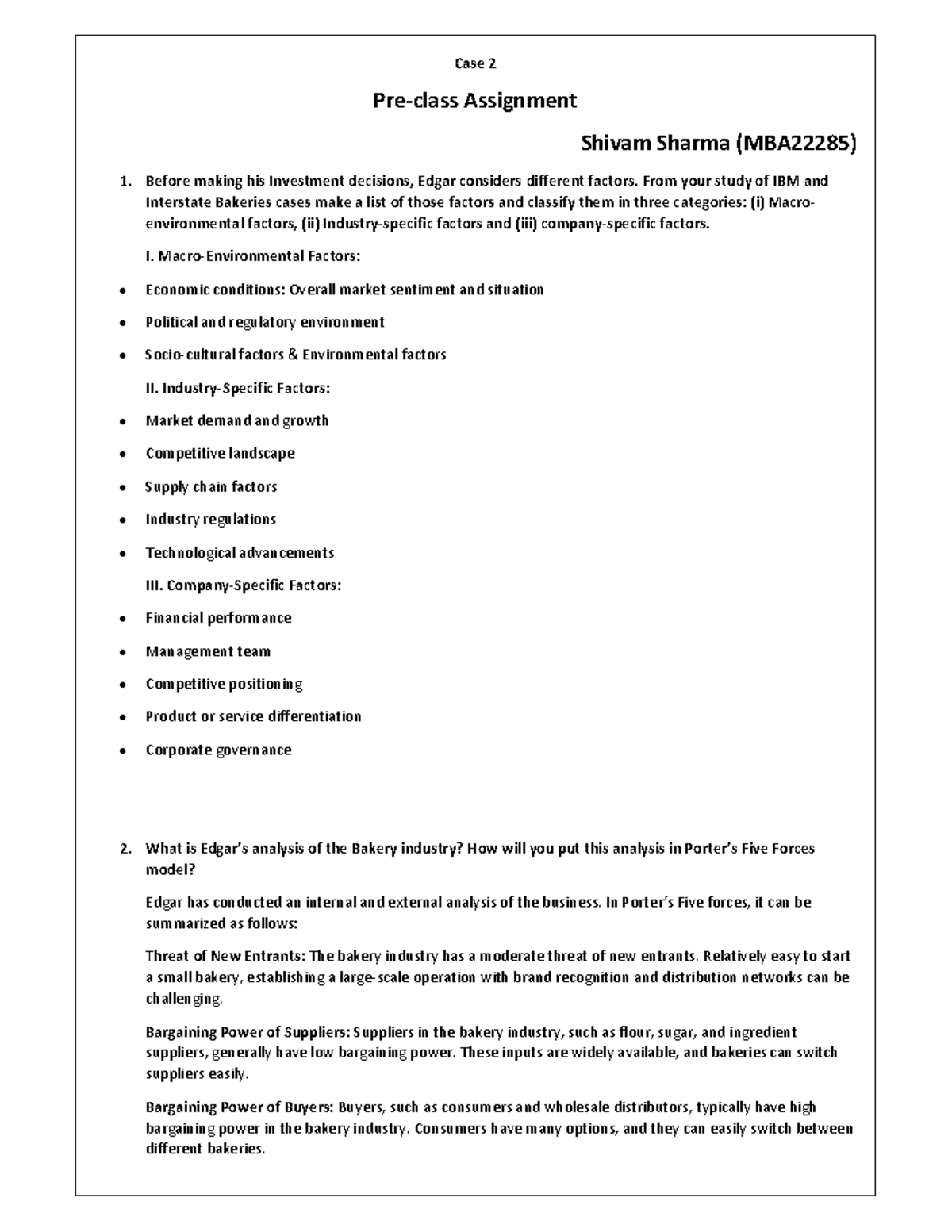 Case 2 Assignment - Case 2 Pre-class Assignment Shivam Sharma (MBA22285 ...