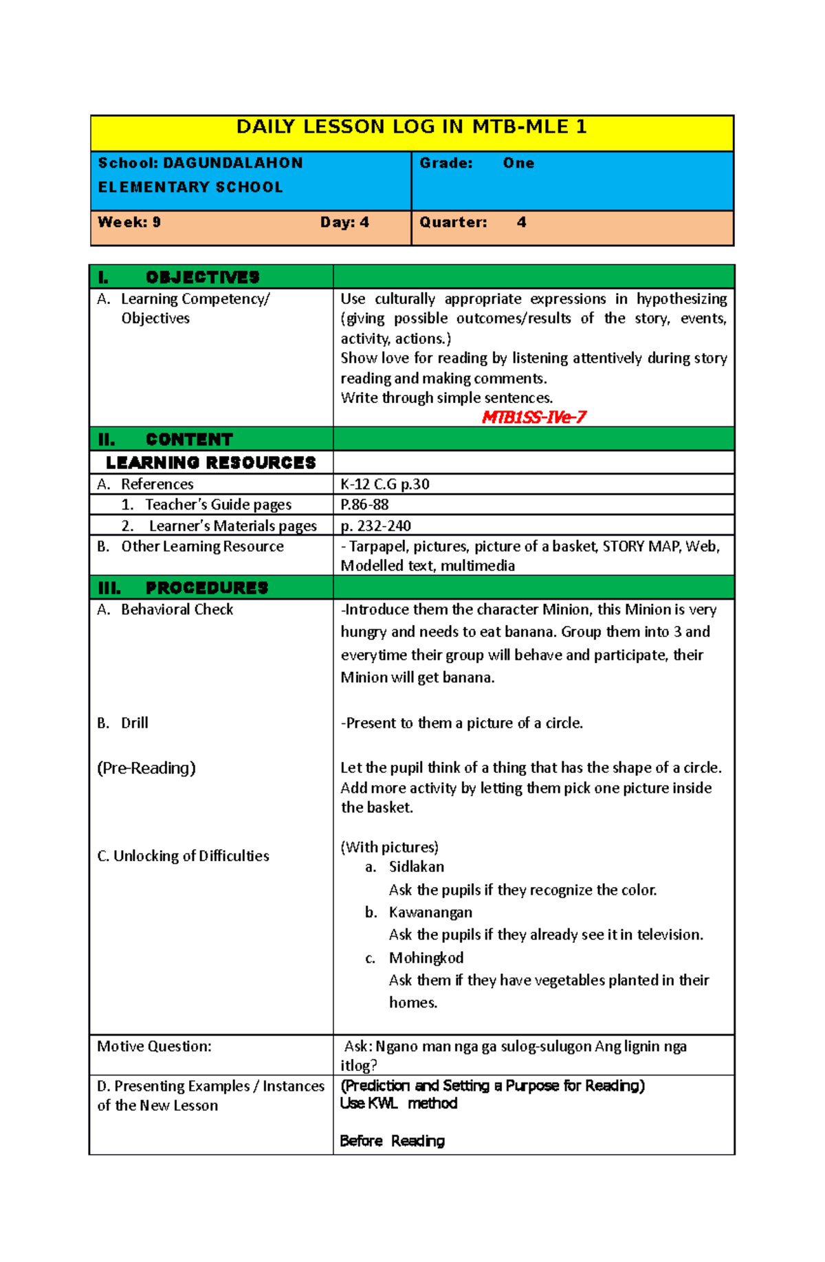 Daily Lesson LOG IN MTB 1 - DAILY LESSON LOG IN MTB-MLE 1 School ...
