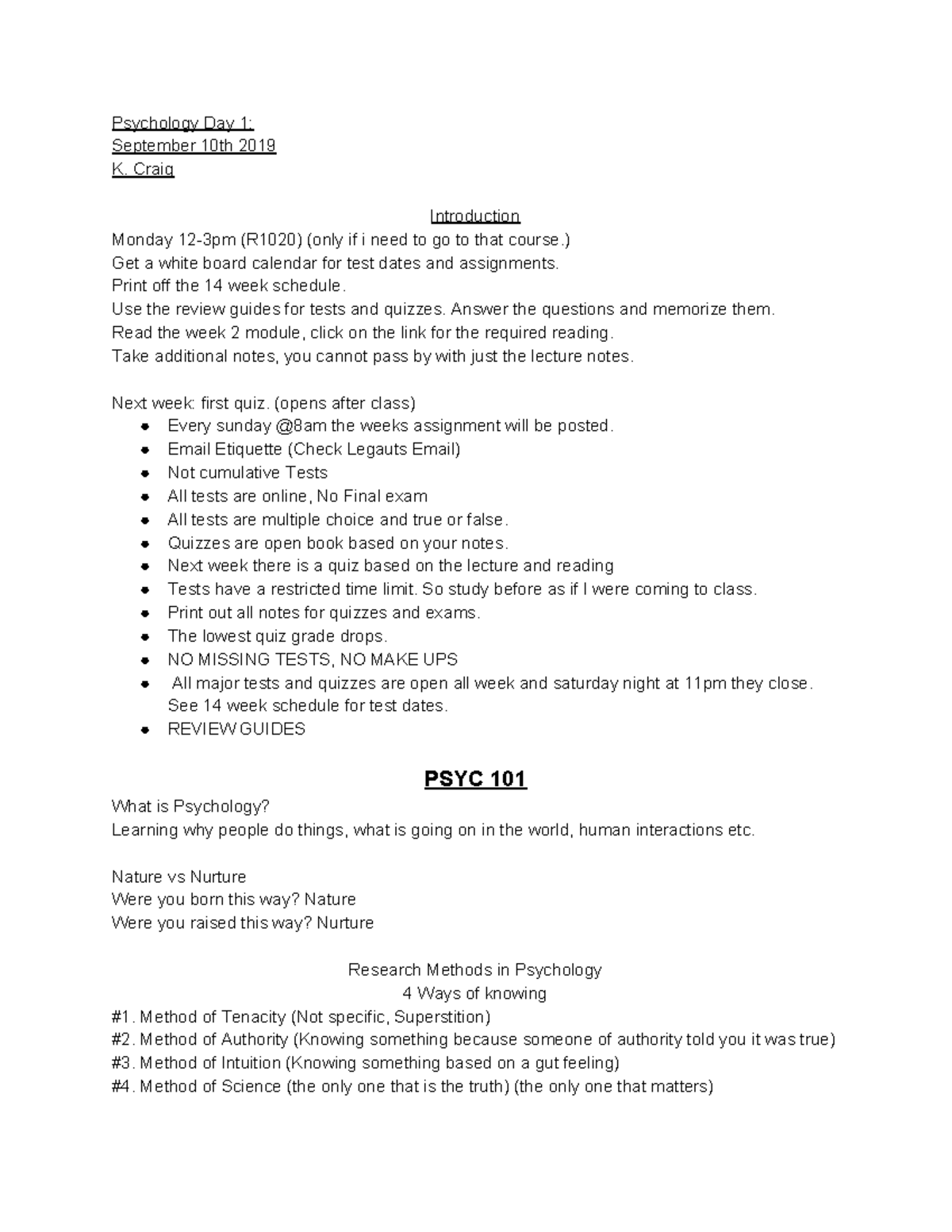 Psyc week 1 - week 1 notes - Psychology Day 1: September 10th 2019 K ...