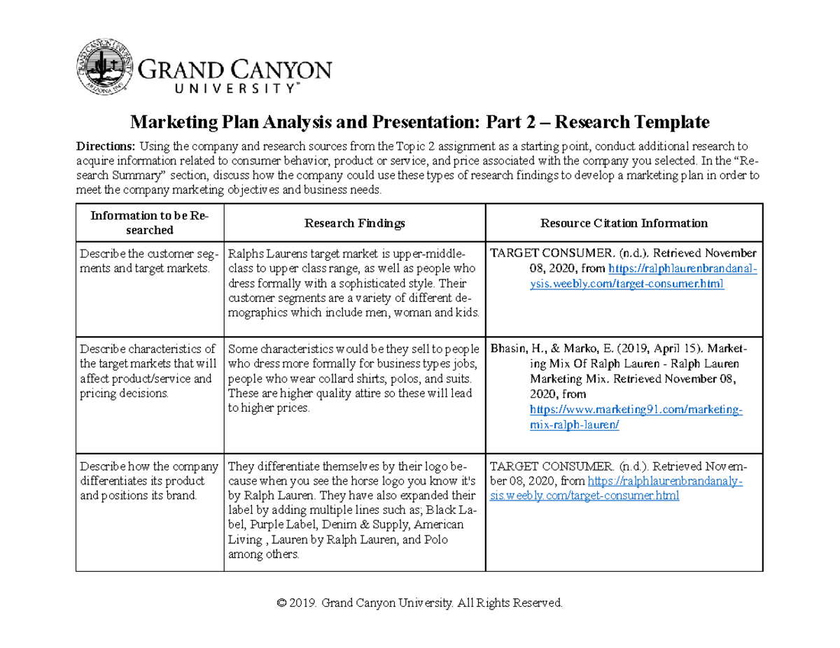 MKT 315 RS Marketing Plan Analysis and Presentation Part 2 Research  Template 2 - Marketing Plan - Studocu