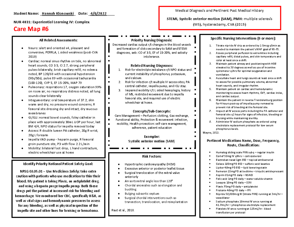 Care map #6 - patient care map and exemplar - NUR 4031 - StuDocu