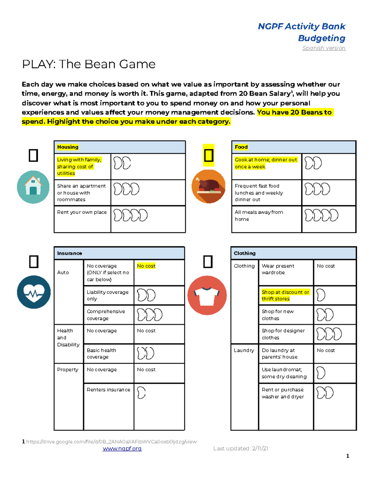 Christopher M PLAY The Bean Game NGPF Activity Bank Budgeting