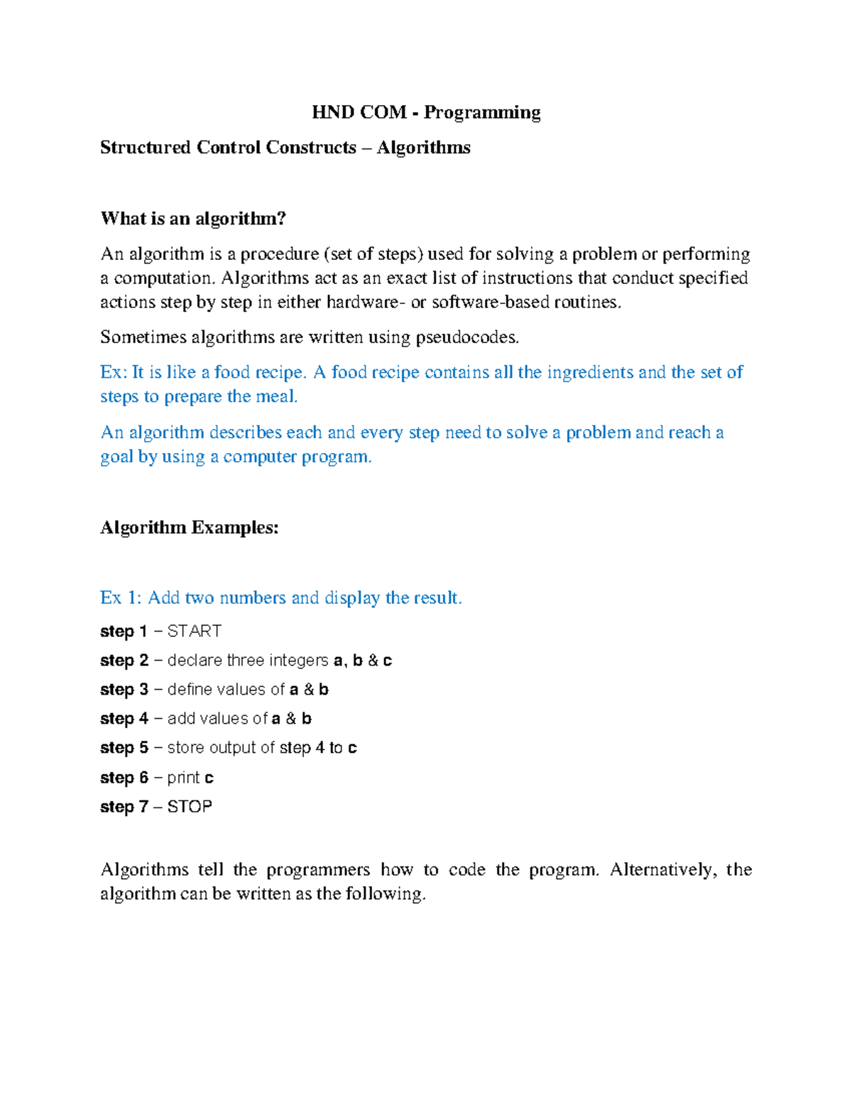 Algo Note - only notes - HND COM - Programming Structured Control ...