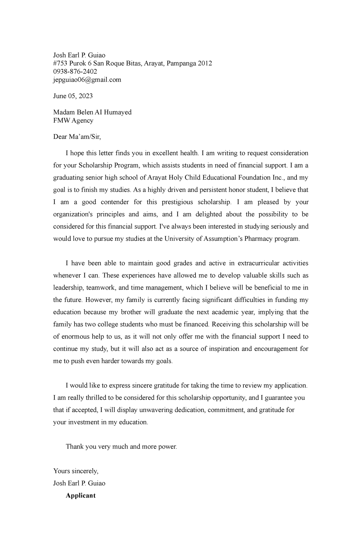 Scholarship letter - Josh Earl P. Guiao #753 Purok 6 San Roque Bitas ...