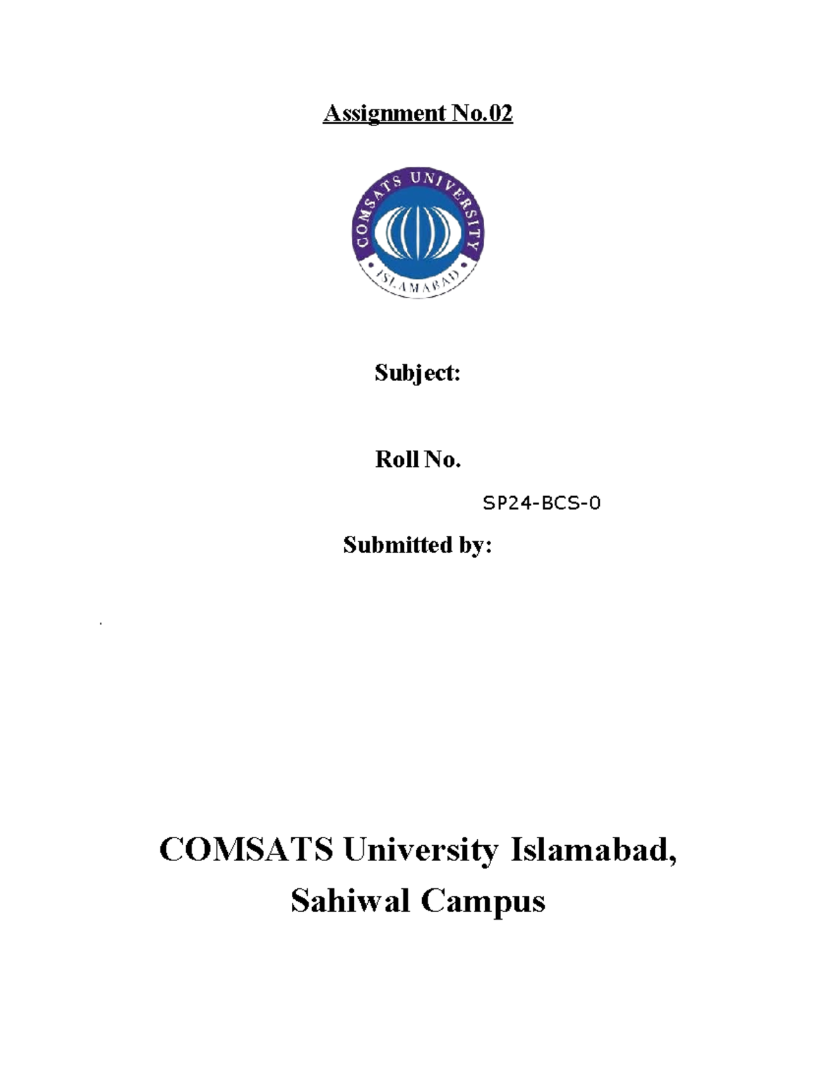 Front pge - This is a - Pakistan Studies - Assignment No. Subject: Roll ...