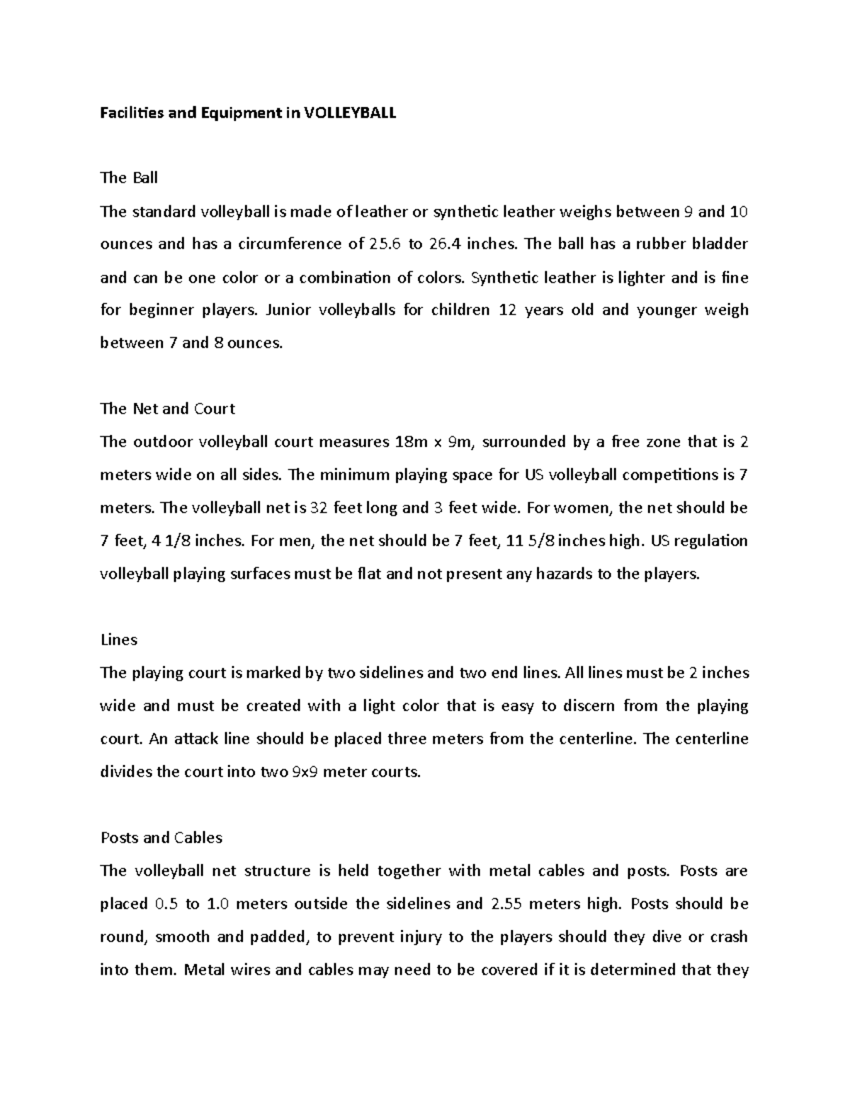 Facilities and Equipment in Volleyball Facilities and Equipment in