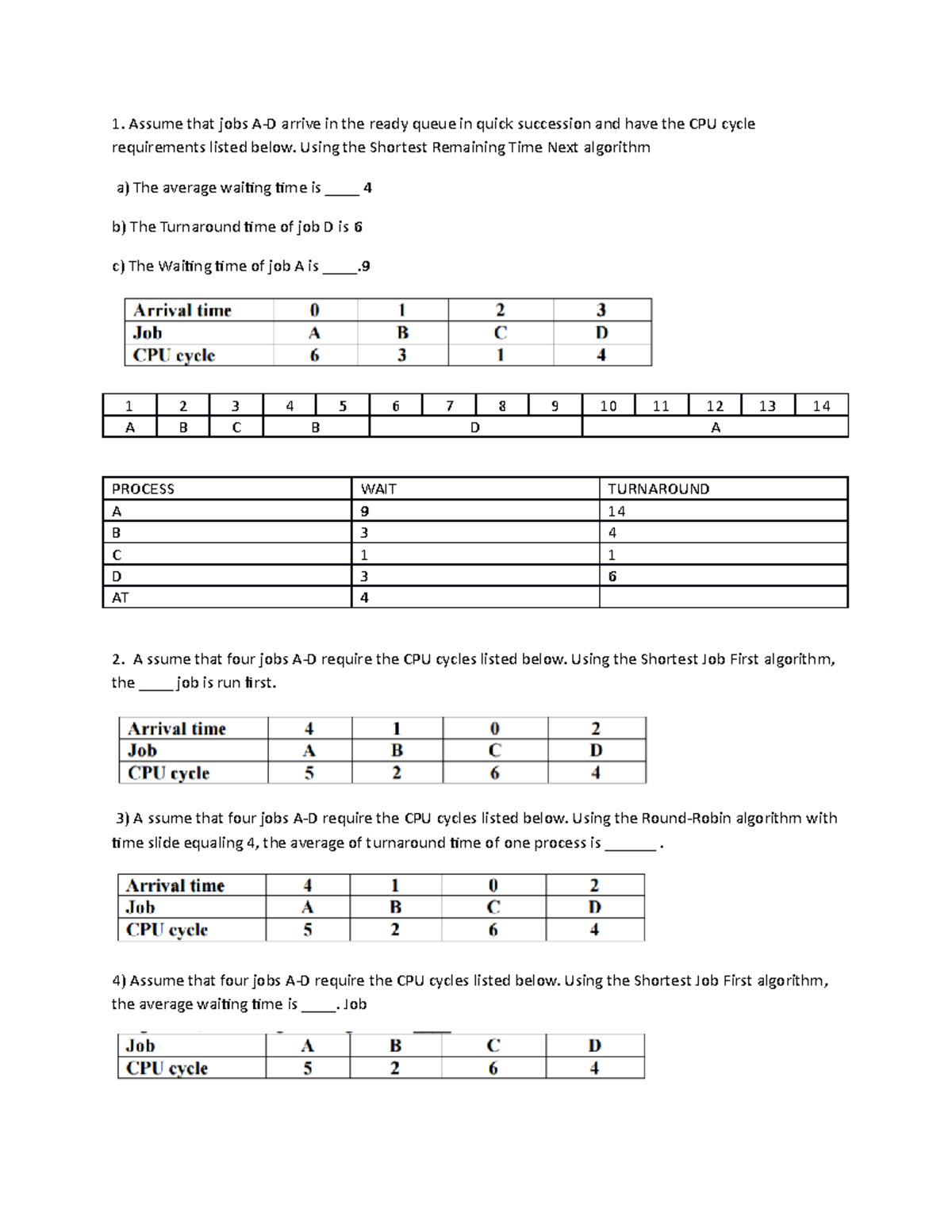 WS2.3.Process and Thread - Scheduling - Assume that jobs A-D arrive in ...